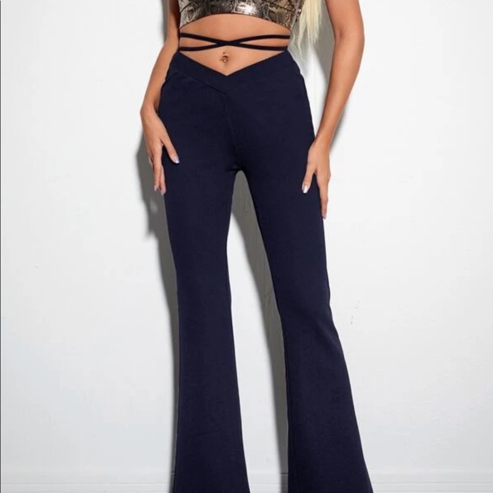 Shein crisscross tie back over lap waist flare leg pants